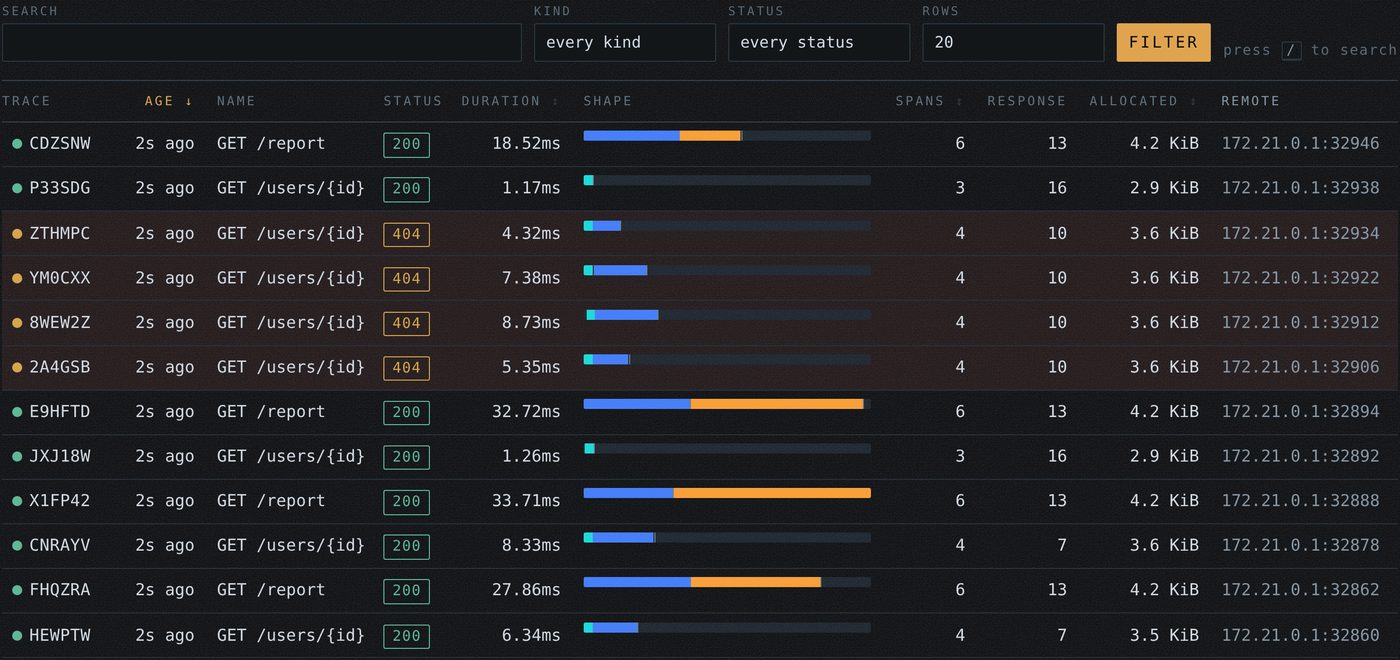 oida dashboard listing requests in a Go process, with status, duration, and a shape column per request