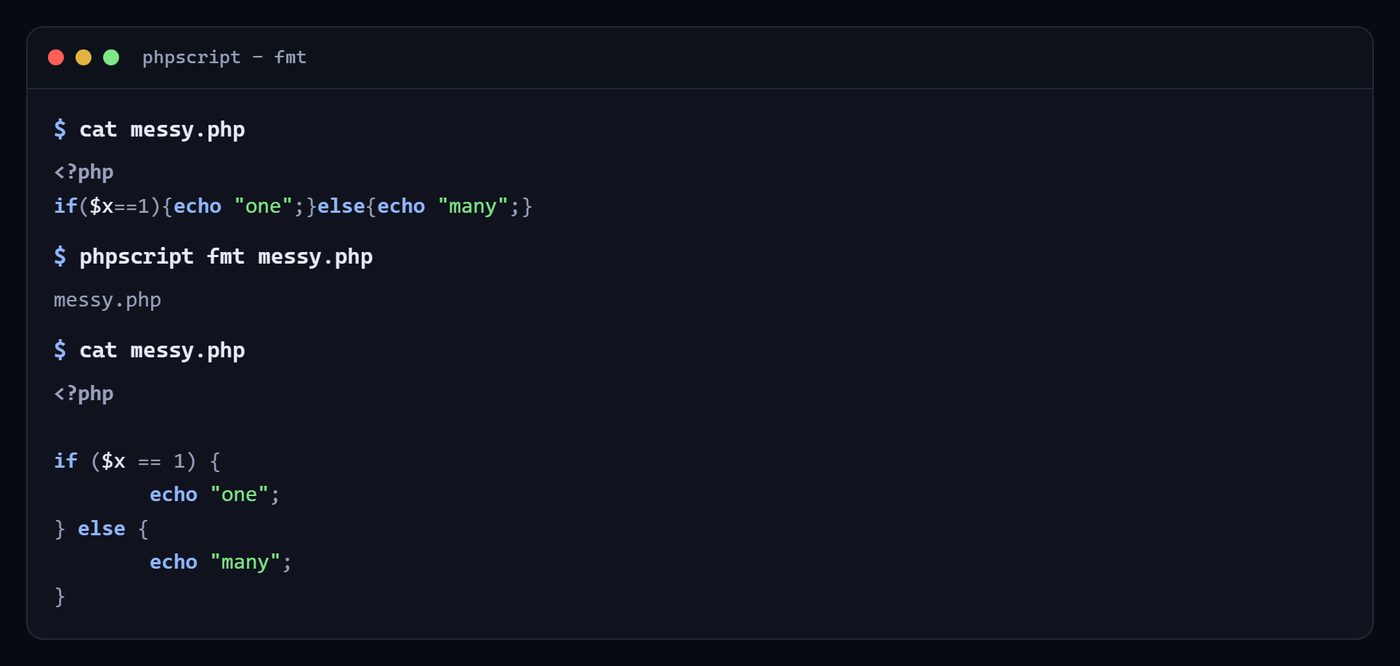 Terminal showing a compressed PHP file, the phpscript fmt command, and the same file formatted afterwards