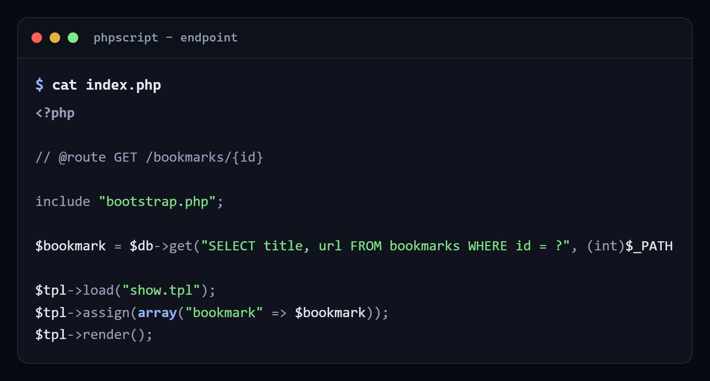 Terminal showing a PHP class with a constructor and a foreach loop, and the output phpscript printed for it