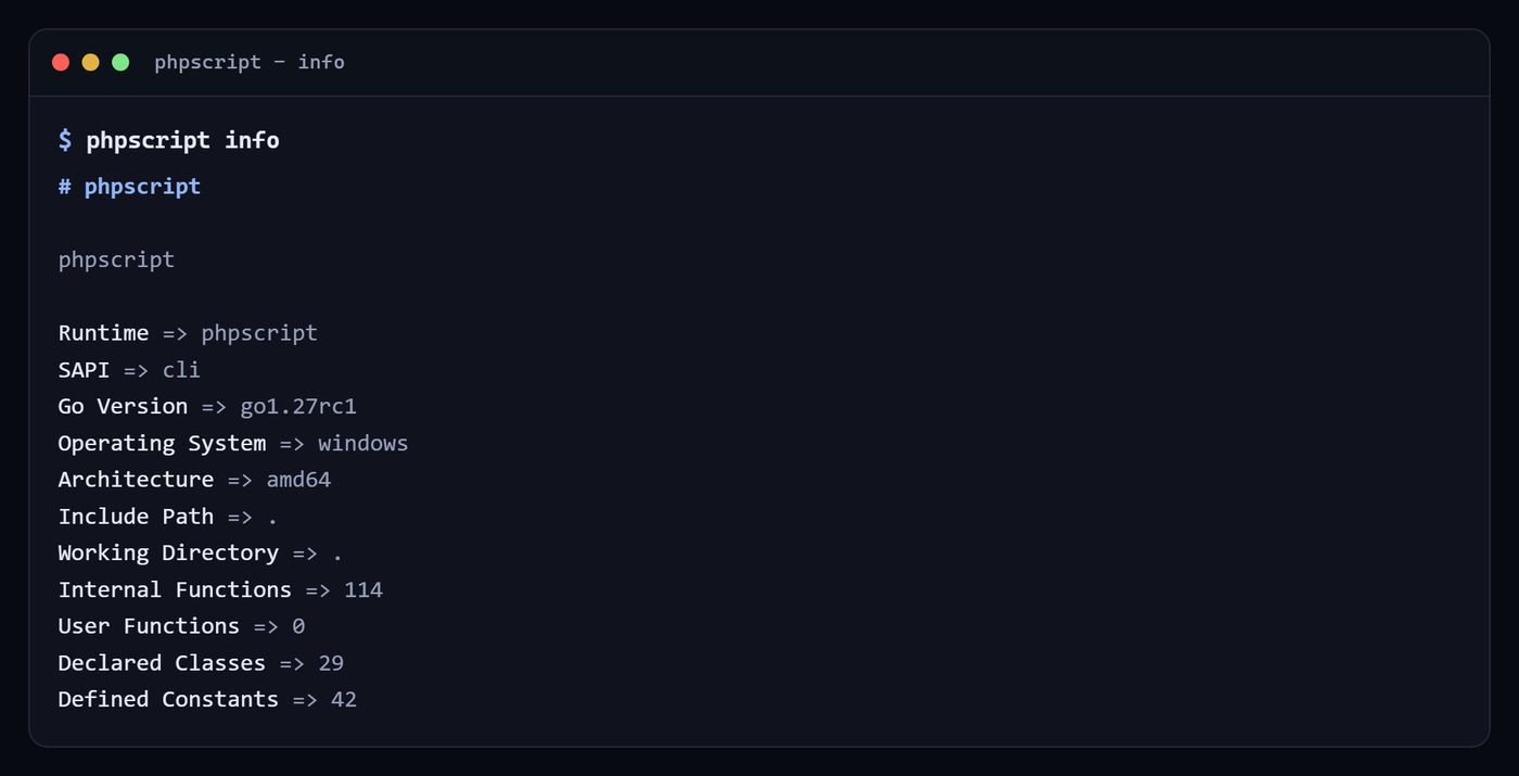 Terminal showing phpscript info listing the runtime, SAPI, Go version, and counts of internal functions and declared classes