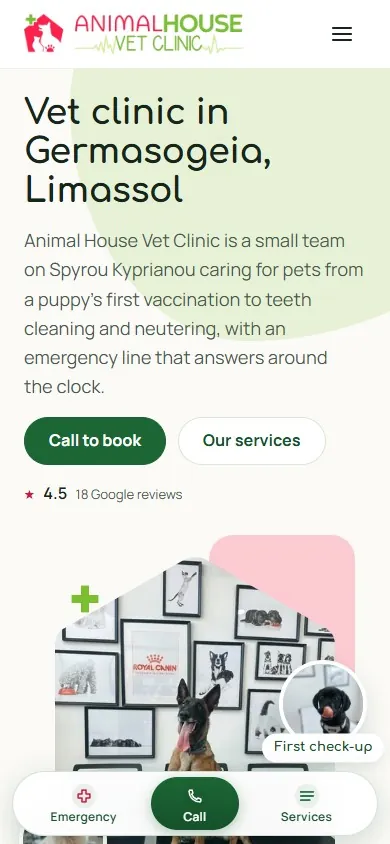 Animal House Vet Clinic, a demo vet clinic site we designed, on a phone