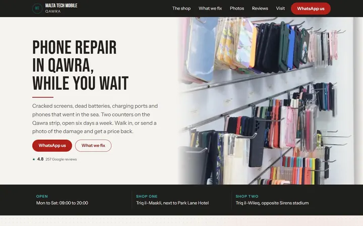 Malta Tech Mobile, a demo phone repair site we designed, on a laptop screen