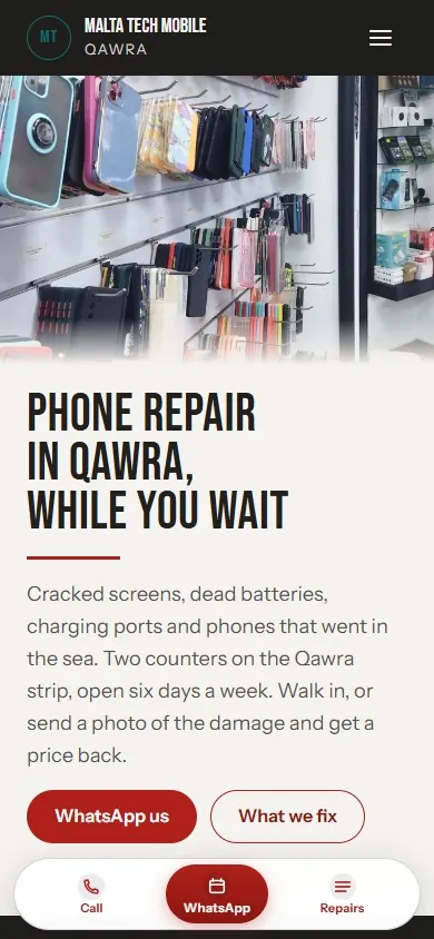 Malta Tech Mobile, a demo phone repair site we designed, on a phone