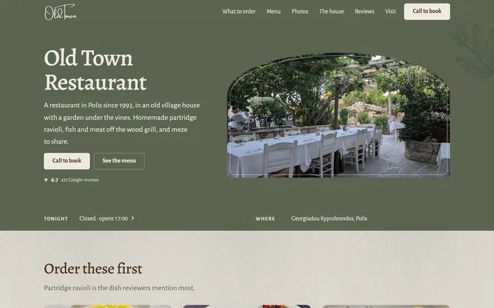 Old Town Restaurant, a demo restaurant site we designed, on a laptop screen