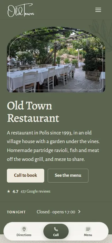 Old Town Restaurant, a demo restaurant site we designed, on a phone
